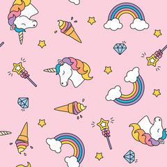 Fototapete Einhornmuster Einhorn Regenbogen Zauberstab Pastellmuster  © tereez