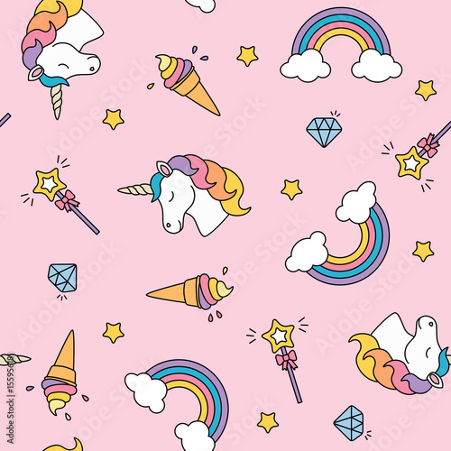 Fotografia Unicorn, rainbow and magic wand pastel colors seamless pattern