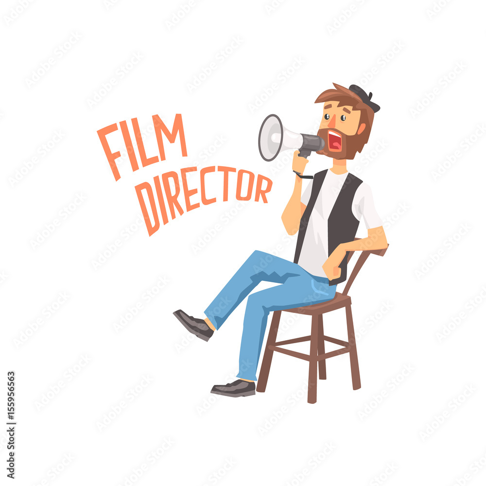 Film director sitting in his chair speaking into a megaphone, cartoon  character vector Illustration Stock Vector | Adobe Stock