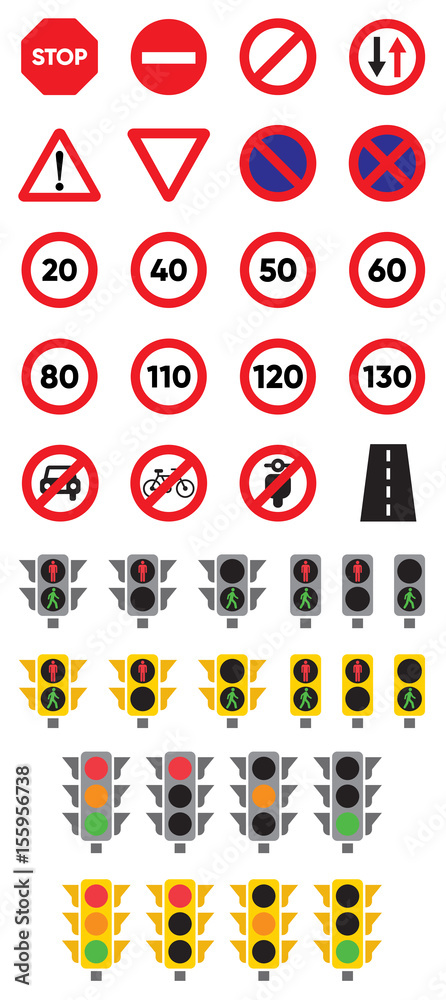 Fototapeta premium Traffic Signs & Lights - Color Flat Icons