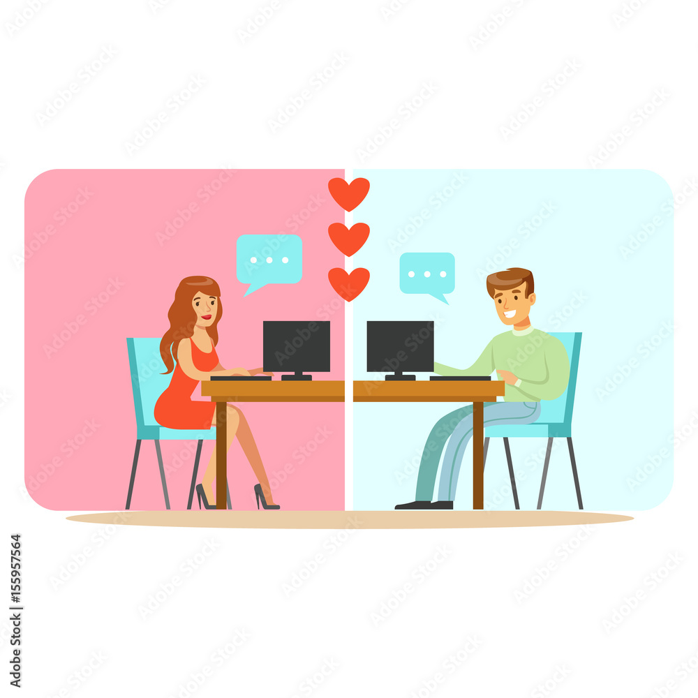 Man and woman chatting on their computers colorful character vector Illustration