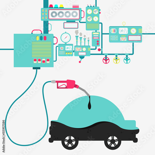 Machinery of factory refining oil and refueling a car. Car shape being filled by a oil with gas pump.