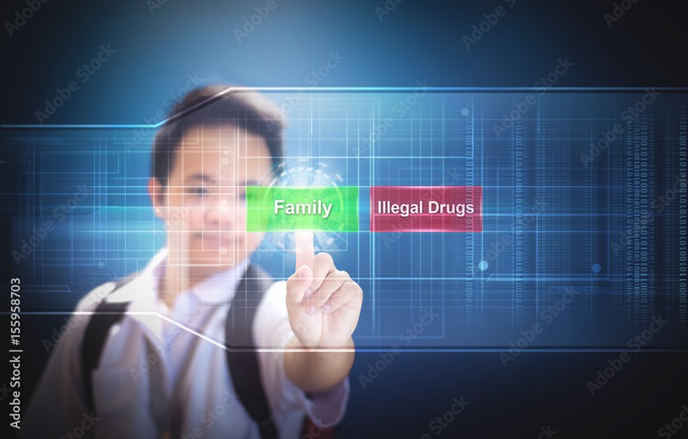 School boy choosing a button between Family or illegal drugs. Issue about extrajudicial killings in the Philippines. Isolated blue background with vignette effect. School boy choosing a button between Family or illegal drugs. Issue about extrajudicial killings in the Philippines. Isolated blue background with vignette effect.