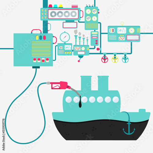 Machinery of factory refining oil and refueling a ship. Ship shape being filled by a oil with gas pump.