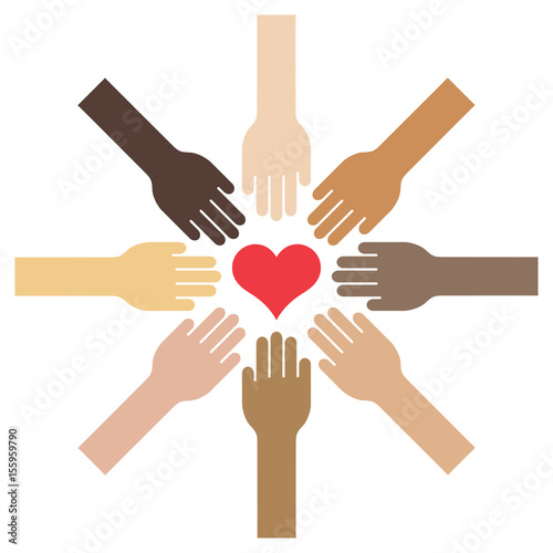 Extended hands with different skin tones towards a centered heart - Vector Illustration