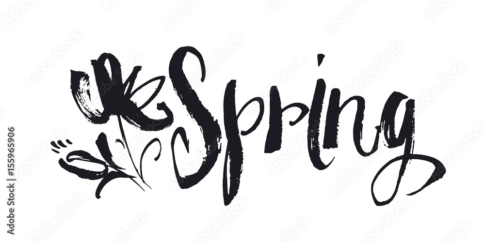 hand drawn Spring word lettering with abstract flowers. concept shabby sketch style image for print and web