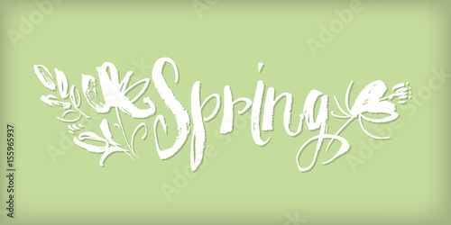 hand drawn Spring word lettering with abstract flowers. concept shabby sketch style image for print and web