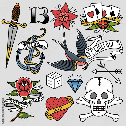 Old school vintage retro tattoo ink art style hand drawn tattooing symbol traditional graphic drawing vector illustration