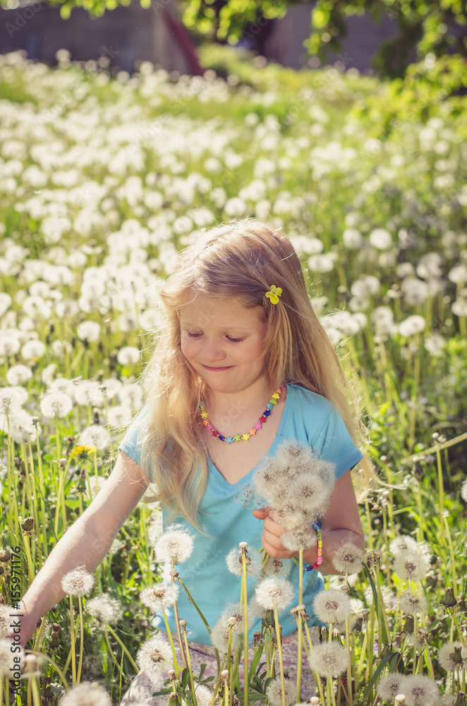 smiling girl with dandelion flowers smiling girl with dandelion flowers