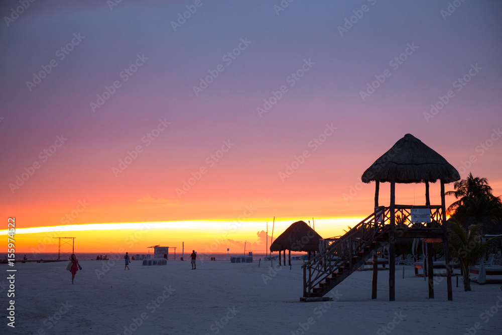 sunset vacation travel beach hut lifeguard dusk orange sky days end