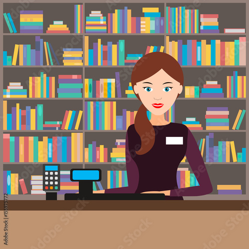 Female seller in a bookstore. Vector illustration.