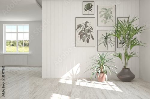 White empty room. Scandinavian interior design. 3D illustration