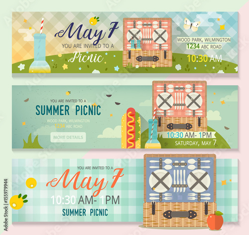 Vector collection of flat family picnic concepts. Horizontal banners set of picnic glade.