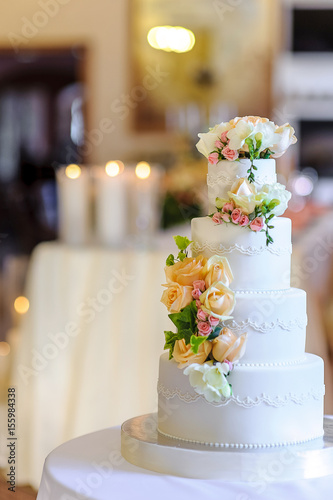 Beautiful wedding cake, close up of cake and blur background, selective focus.