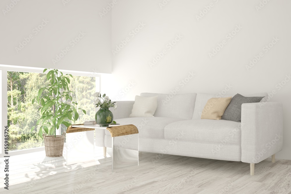 White room with sofa and green landscape in window. Scandinavian interior design. 3D illustration White room with sofa and green landscape in window. Scandinavian interior design. 3D illustration