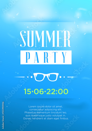 Vertical blue summer party background with white and green graphic elements and text.  