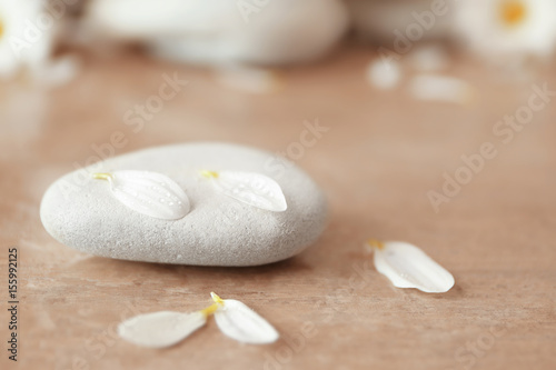 Spa stones and chrysanthemum petals on table