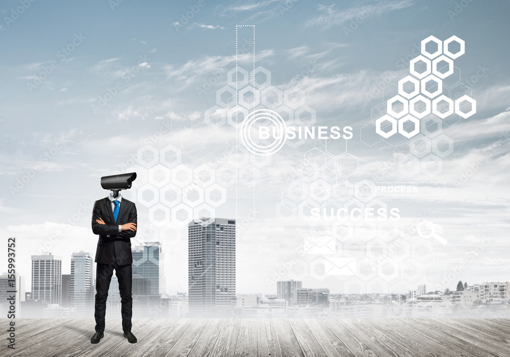 Concept of security and privacy protection with camera headed man Concept of security and privacy protection with camera headed man