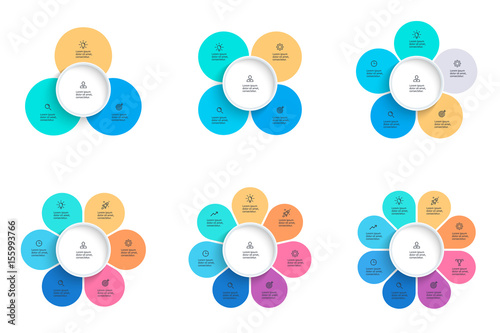 Business infographics. Pie charts with 3, 4, 5, 6, 7, 8 steps, options. Vector infographic templates.