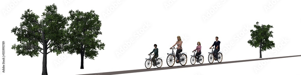 Cycling family, cyclist, trees, isolated on white background Cycling family, cyclist, trees, isolated on white background