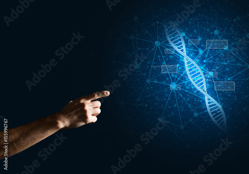 Science medicine and technology concepts as DNA molecule on dark background with connection lines