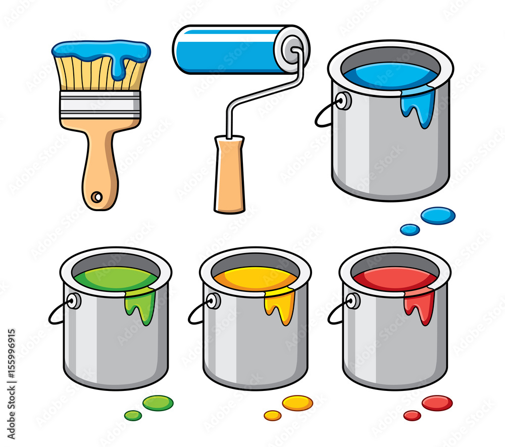 Paint brush, roller and bucket cans. Icons set isolated. Stock Vector