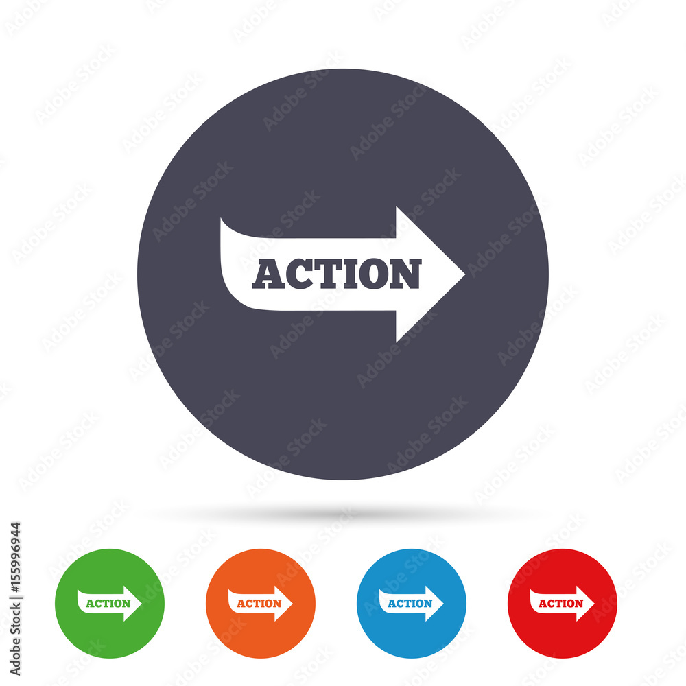 Action sign icon. Motivation button with arrow. Action sign icon. Motivation button with arrow.
