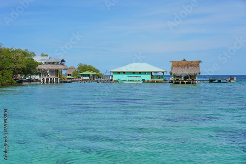 Tropical restaurant over the sea in the archipelago of Bocas del Toro, Cayo Coral, Caribbean side of Panama, Central America