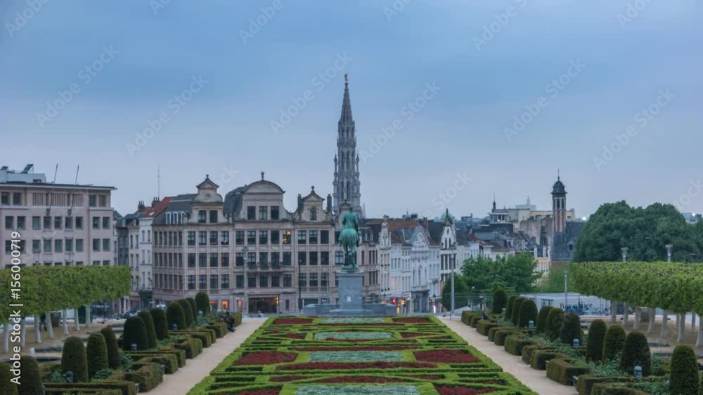 Brussels city skyline day to night timelapse at Mont des Arts Garden, Brussels, Belgium, 4K Time lapse
