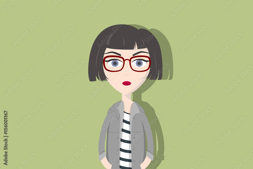 Hipster cartoon character. Woman with dark short hair, red glasses and  cardigan. Flat vector illustration. Stock Vector | Adobe Stock