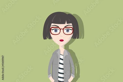 Hipster cartoon character. Woman with dark short hair, red glasses and  cardigan. Flat vector illustration. Stock Vector | Adobe Stock