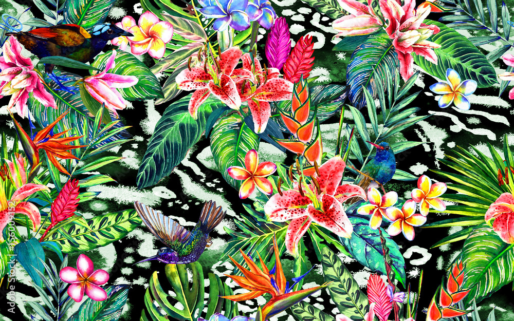 Plakat Bezszwowy tropikalny kwiecisty wzór. Ręcznie malowane akwarela egzotyczne liście, kwiaty i ptaki, na tle wydruku zwierząt. Projekt tekstylny.