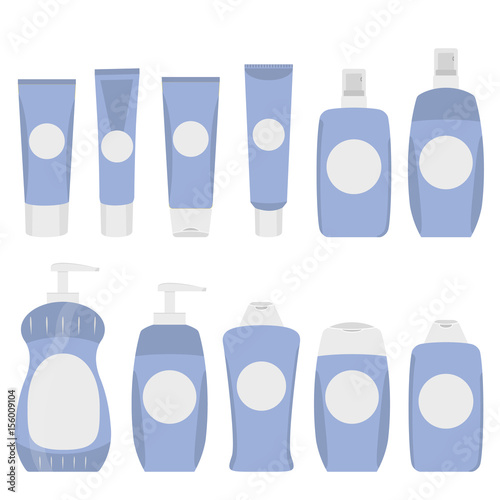 Flat cosmetic bottle mock up set isolated pack on grey background. Cosmetic brand template. Shampoo and dental care package set.