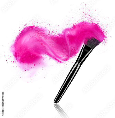 Make up brush with powder splash isolated on white background