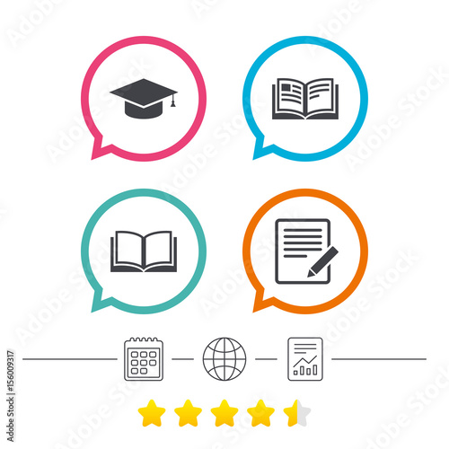 Pencil and open book signs. Graduation cap icon.