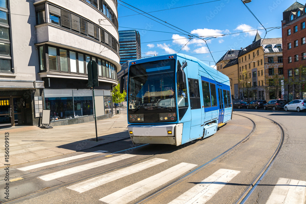 Modern blue tram in Oslo