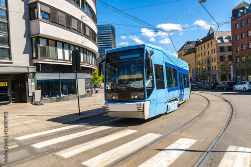 Modern blue tram in Oslo