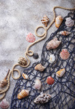 Marine items: sea shells, rope, fishnet