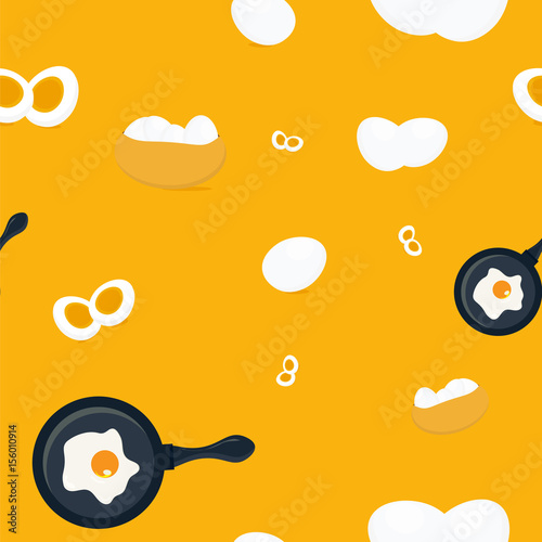 Eggs seamless pattern background is great as wrapping paper template, apron pattern or towels print. Sliced boiled egg, eggs basket and fried egg on a skillet pan. Breakfast Pattern.