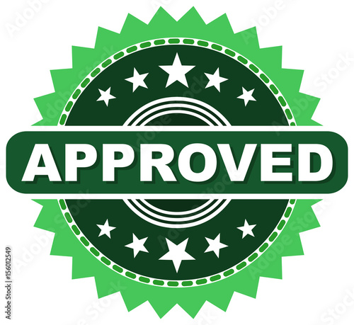 Approved seal, green rounded stamp with some stars and the write Approved on center, approval stamp.