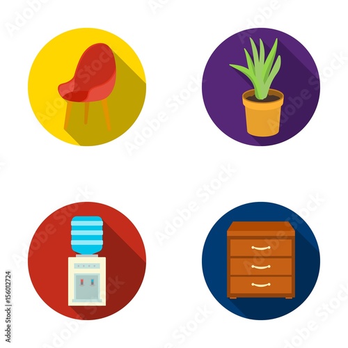 A red chair with a comfortable back, an aloe flower in a pot, an apparatus with clean water, a cabinet for office papers. Office Furniture set collection icons in flat style vector symbol stock