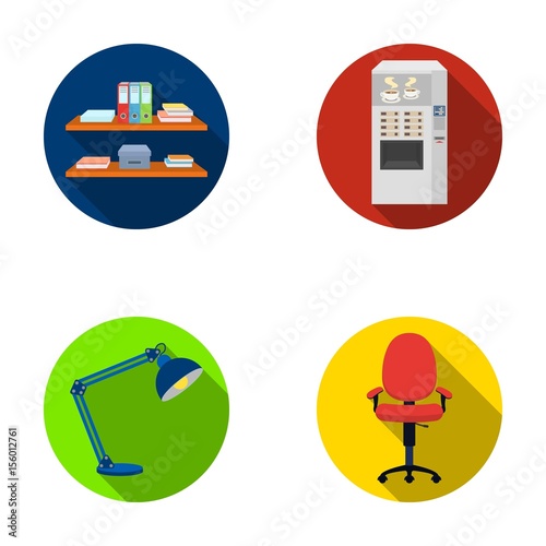 Shelves, folders and notebooks with business records, a coffee machine with cups, an armchair with a backrest on wheels, a desk lamp. Office Furniture set collection icons in flat style vector symbol