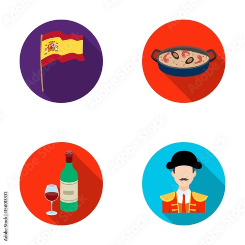 Flag with the coat of arms of Spain, a national dish with rice and tomatoes, a bottle of wine with a glass, a bullfighter, a matador. Spain country set collection icons in flat style vector symbol
