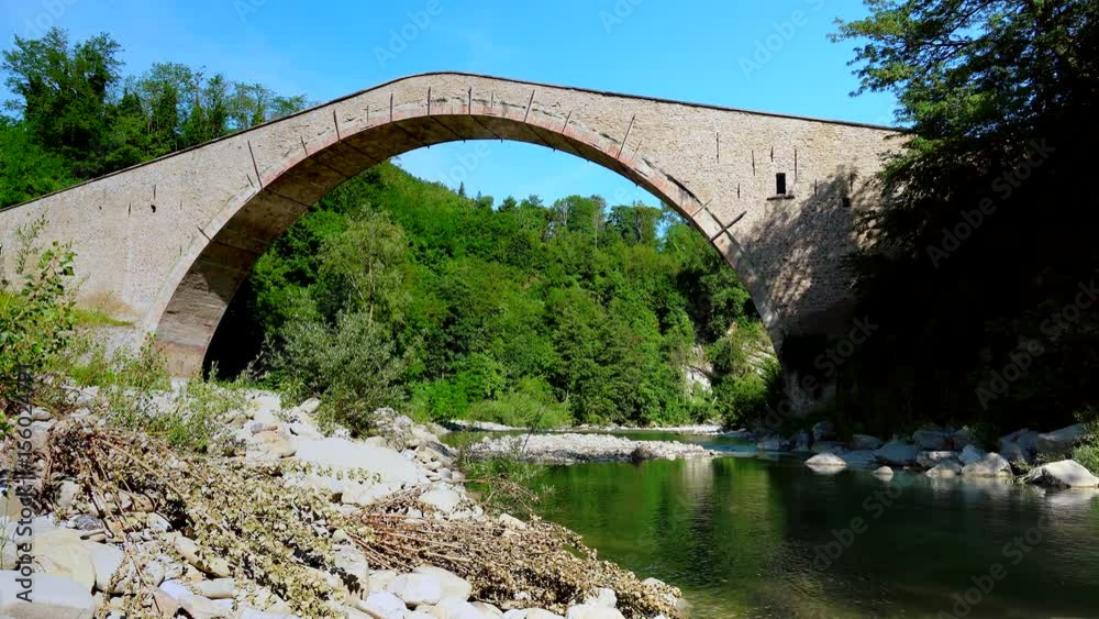 Renaissance humpback bridge with single span on quiet river in spring near Bologna Renaissance humpback bridge with single span on quiet river in spring near Bologna