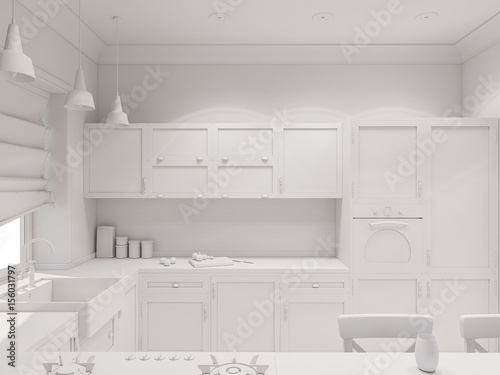 3d illustration of the kitchen interior design in Scandinavian classical style. Interior without textures and materials.  