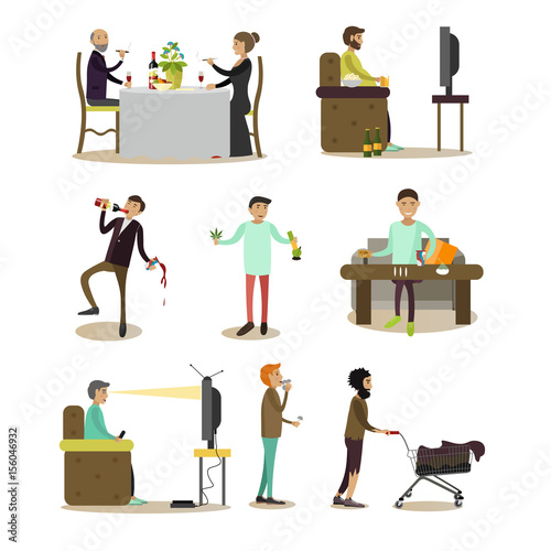 Vector flat icons of bad habits people set