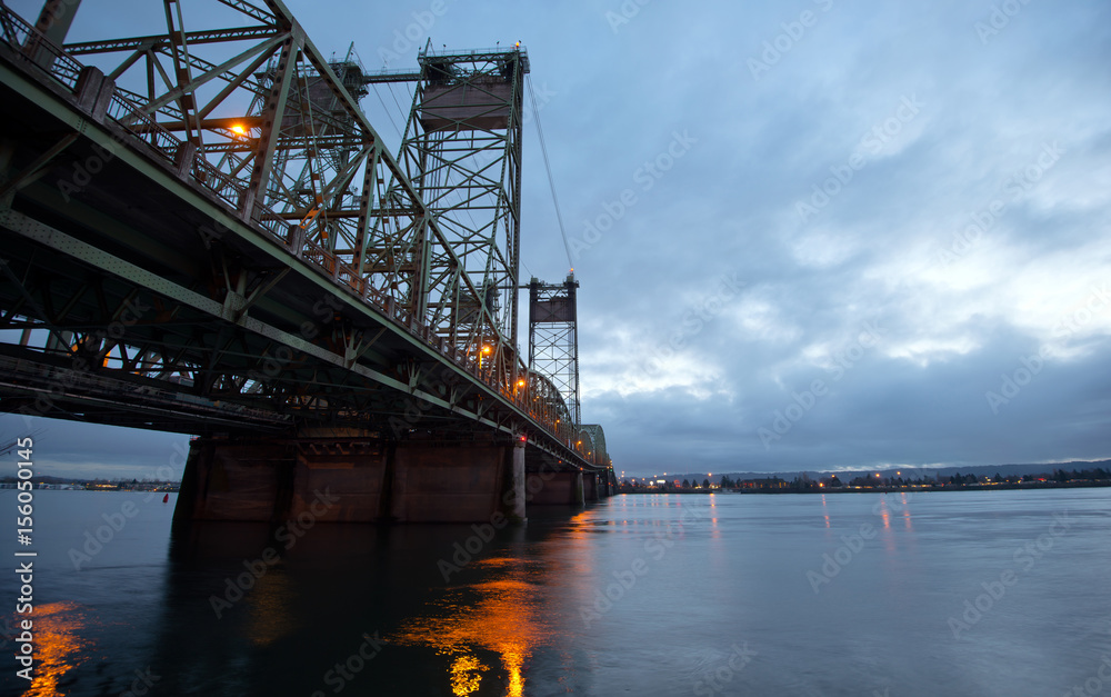 Bascule bridge truss arch metal Interstate I-5 Columbia river reflection night lights