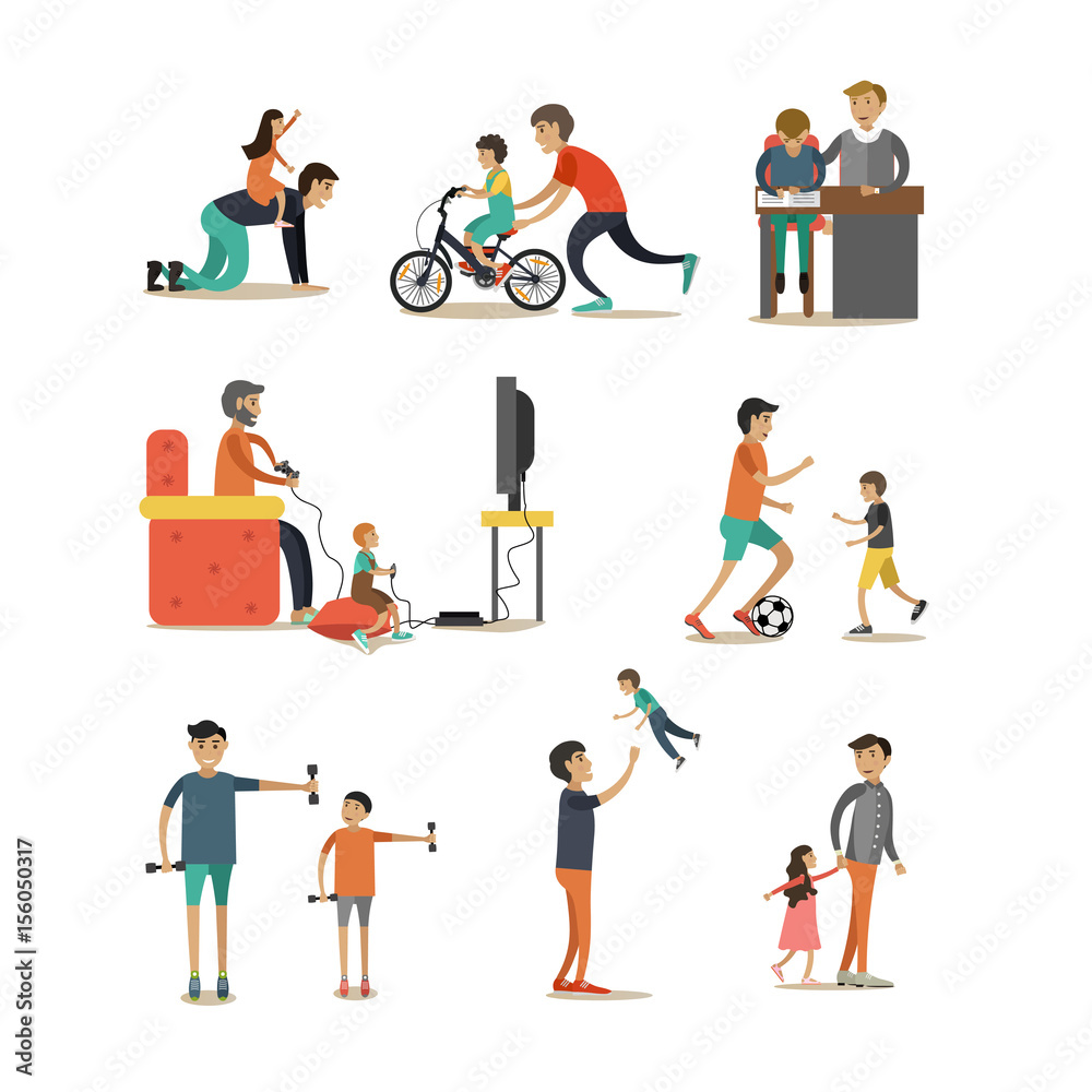 Vector flat icons set of fathers with children characters