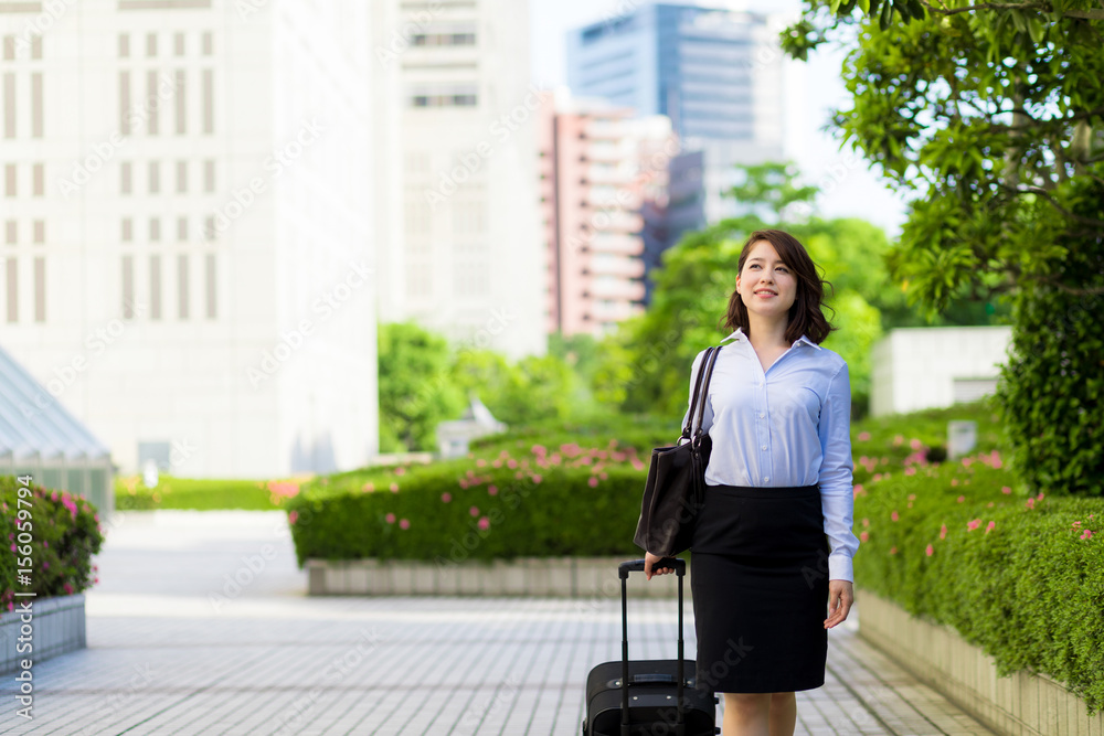 business woman carrying a suitcase in green park. business woman carrying a suitcase in green park.