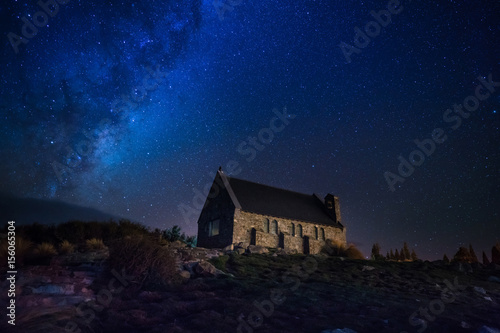 Milky way above Church of the Good Shepherd at Lake Tekapo New Zealand South Island. © tatomm